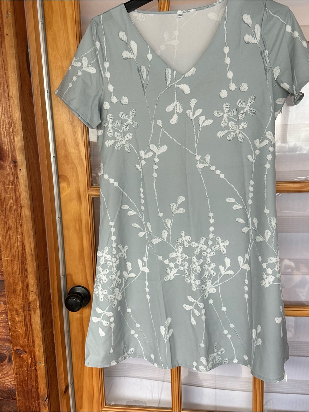 V-Neck Mini Dress with White Floral Embroidery in Sage Green